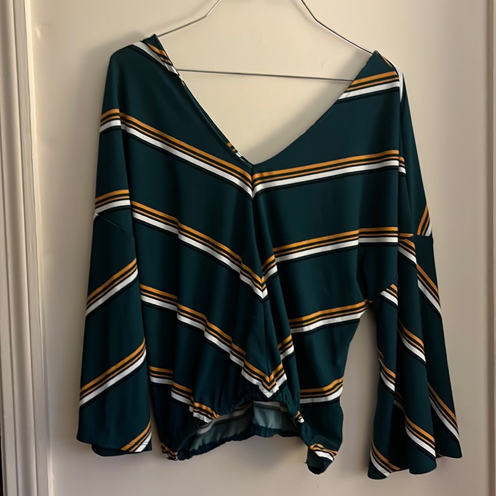 Express size medium green blouse with gold, white, and black stripes